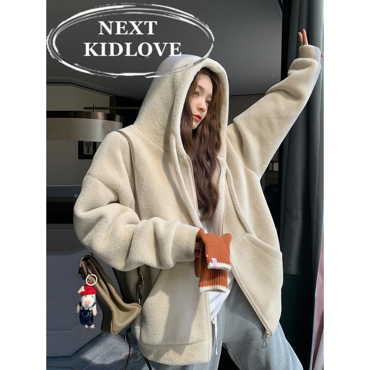 日本代购韩系羊羔毛连帽卫衣外套女冬2025慵懒风加厚拉炼开衫上衣