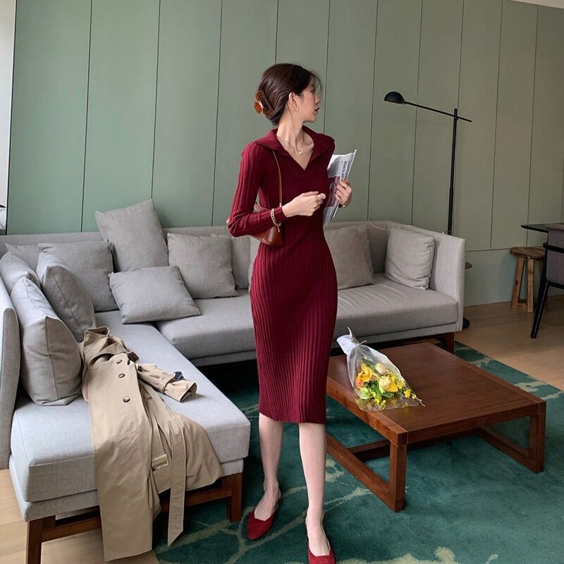 欧洲站春季新款气质御姐洋气小红裙名媛轻熟针织长裙高级感连衣裙
