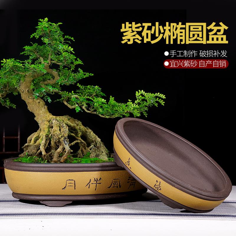 紫砂花盆无孔特大造型假山上水石盆简约长方椭圆形有孔盆景盆包邮