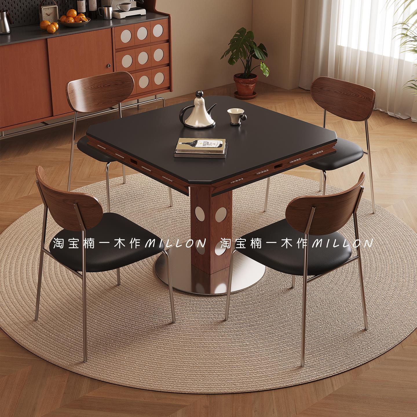 中古风岩板餐桌椅组合简约家用小户型方圆两用复古圆形四折叠餐桌