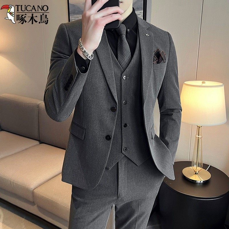 啄木鸟高端男士商务休闲西装套装修身正装西服新郎结婚礼服三件套