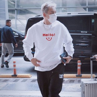 仓石一树潮牌白色hello圆领卫衣男2024秋冬笑脸印花情侣装 T恤 长袖