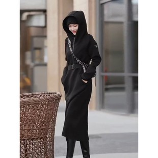 优雅时尚 连帽运动衫 休闲西式 修身 适合 高端优雅 长裙 黑色长袖