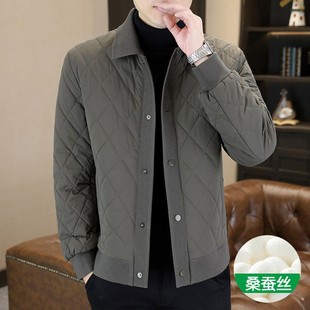 格子棉服外套 翻领休闲轻薄保暖夹克男士 高端桑蚕丝棉衣男冬季 新款