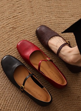 真皮法式绝美红色小皮鞋女春秋软底通勤芭蕾风平底玛丽珍单鞋方头