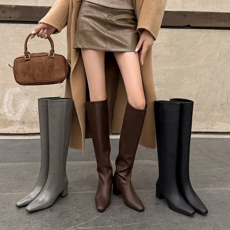 显腿长~！神仙绝版！INS复古方头粗跟直筒及膝长靴真皮高筒骑士靴,女鞋,骑士靴,淘宝优惠券,粉丝福利购,淘宝优惠卷