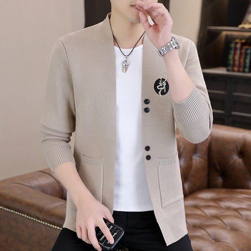 高端刺绣针织开衫男春秋新款韩版潮流休闲百搭男士薄款披风外套潮