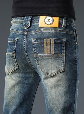 意大利高端复古怀旧蓝色牛仔裤男秋冬新款修身直筒弹力百搭长裤潮