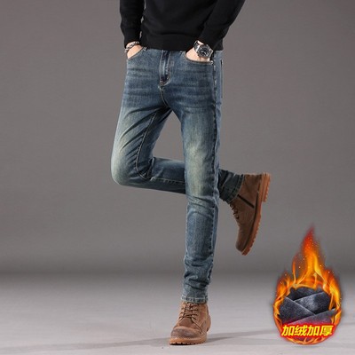 意大利高端复古蓝色牛仔裤男秋冬新款加绒加厚修身小脚弹力时尚潮