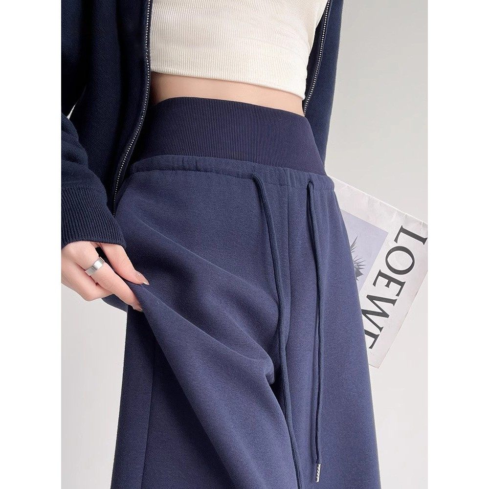 Nextkiss英国联合海军蓝运动裤女式秋冬天鹅绒运动裤高腰宽松阔腿