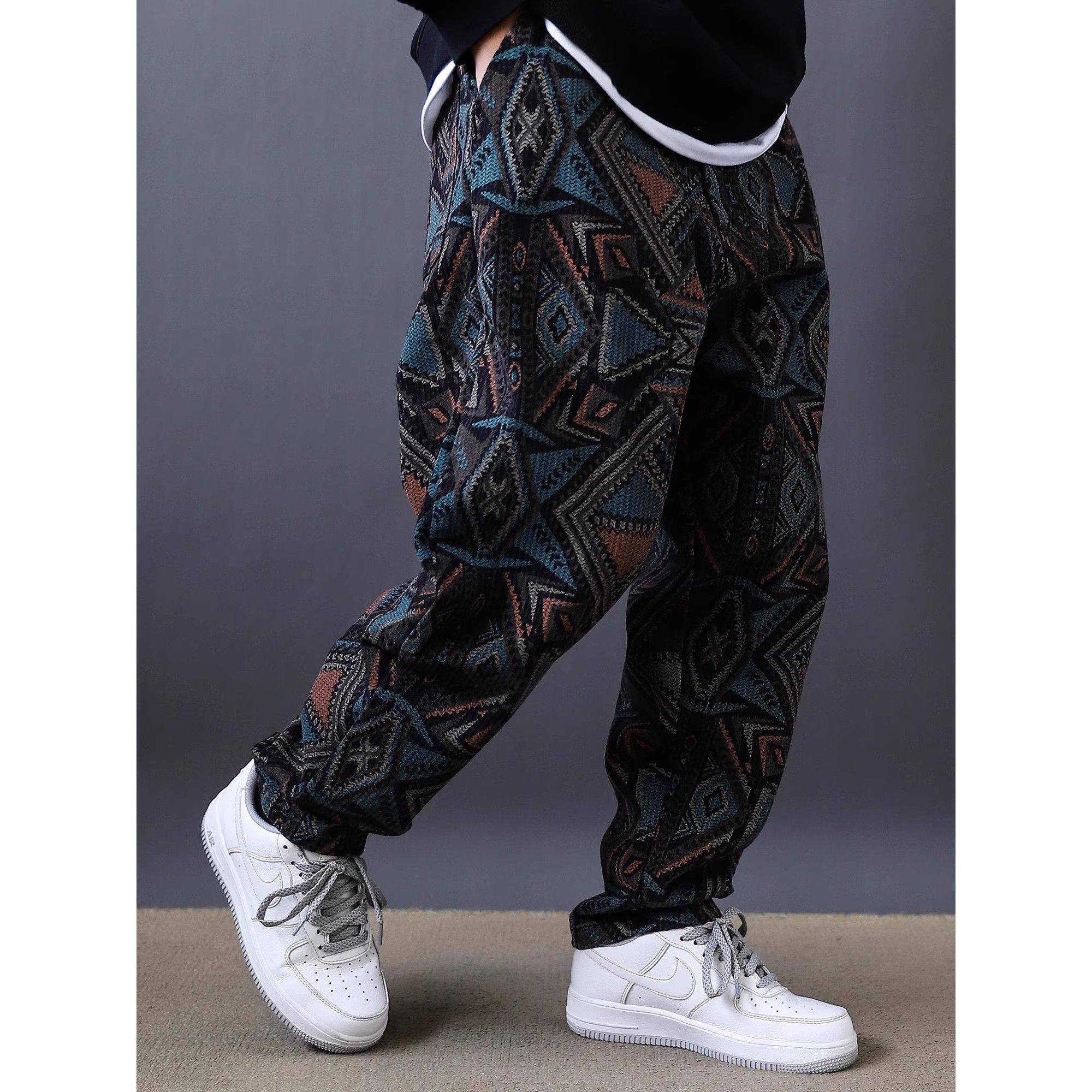 仓石一树2025重磅盎司民族风印花休闲裤男宽松直筒长裤街头牛仔裤