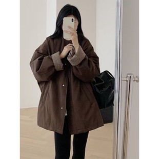 代购sly立领格子拼接保暖棉服女2025冬季新款宽松加厚夹棉外套