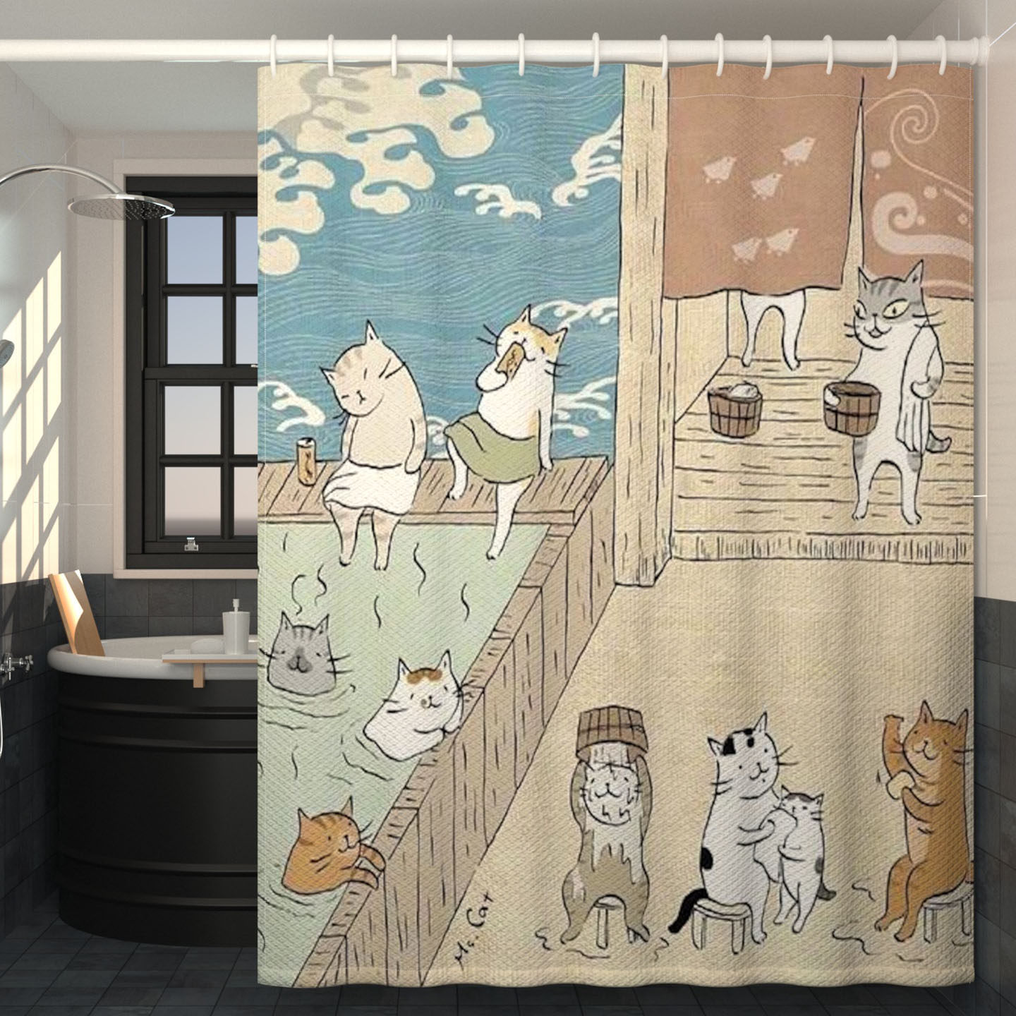 日式卡通猫咪复古浴室浴帘卫生间遮挡帘创意淋浴帘挂帘防水布门帘
