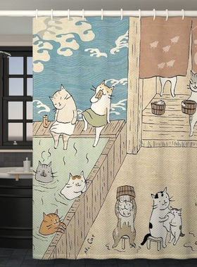 日式卡通猫咪复古浴室浴帘卫生间遮挡帘创意淋浴帘挂帘防水布门帘