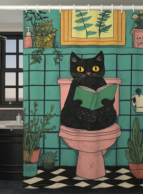 卡通猫咪浴帘隔断帘防水高档帘子洗澡间免打孔卫生间遮挡门帘套装