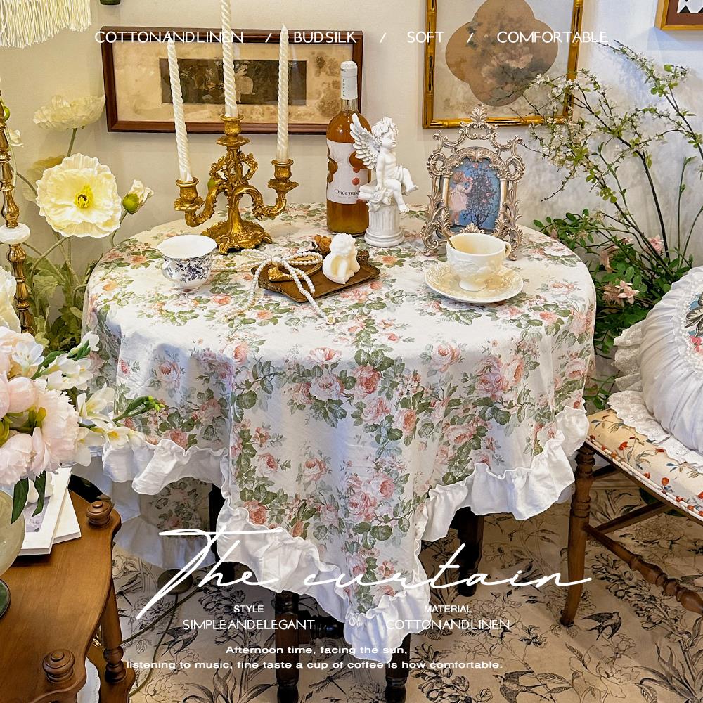 韩式田园风法式浪漫玫瑰长方形桌布防尘甜品台布圆桌棉麻布盖巾布