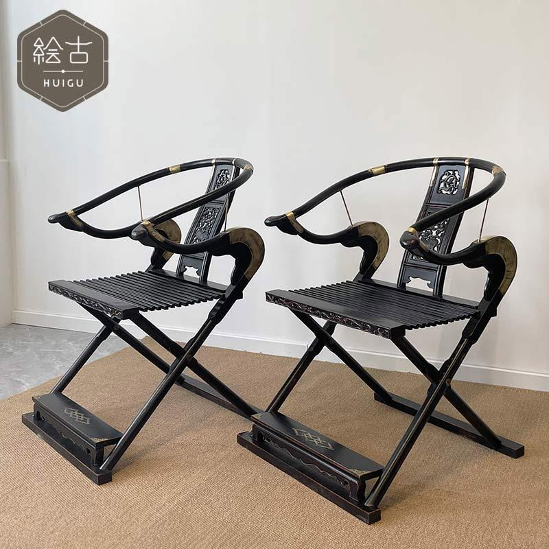 中式老榆木交椅明清复古做旧太师椅明式头把交椅折叠雕花实木围椅