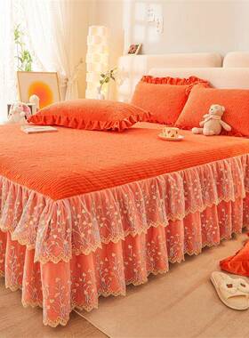 新结婚OWP庆床大红色宝宝绒床裙三件套式保暖夹款棉蕾韩丝罩加厚