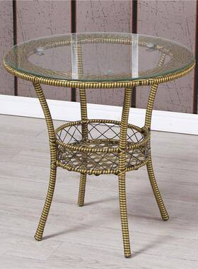 阳台小茶合茶桌小28876桌圆子藤编形几钢化玻璃休闲小圆桌椅组简