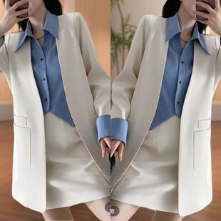 时尚套装端庄优雅通勤春季新款拼接假两件长袖西装外套+半身裙潮