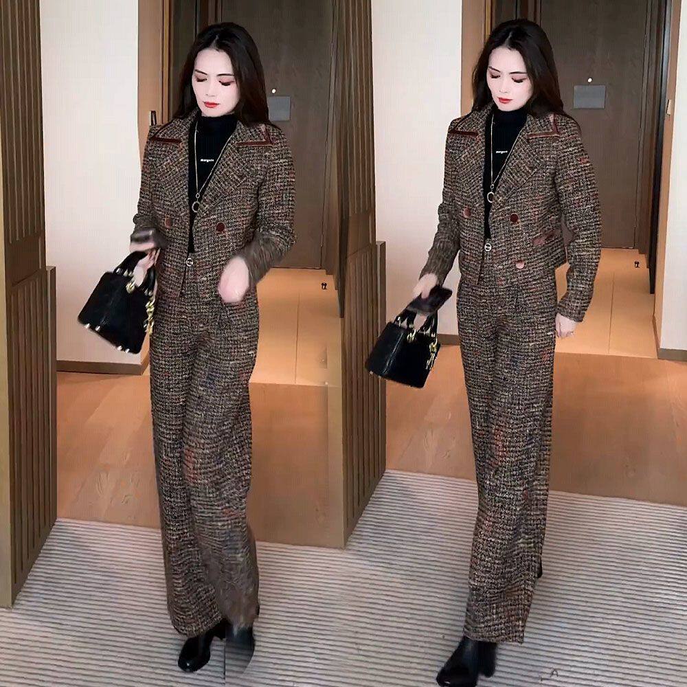 时尚小香风西装套装女洋气短款外套秋冬气质西服上衣阔腿裤两件套,女装/女士精品,时尚套装,淘宝优惠券,粉丝福利购,淘宝优惠卷