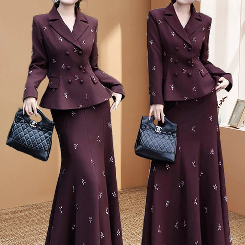 高端秋季新款小香风名媛气质高级感重工印花收腰西服鱼尾裙两件