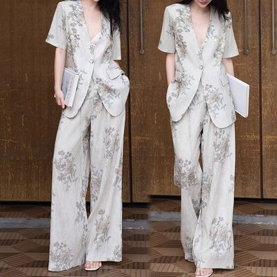 高端印花时尚套装女夏老钱风松弛感西装外套阔腿裤气质通勤两件套
