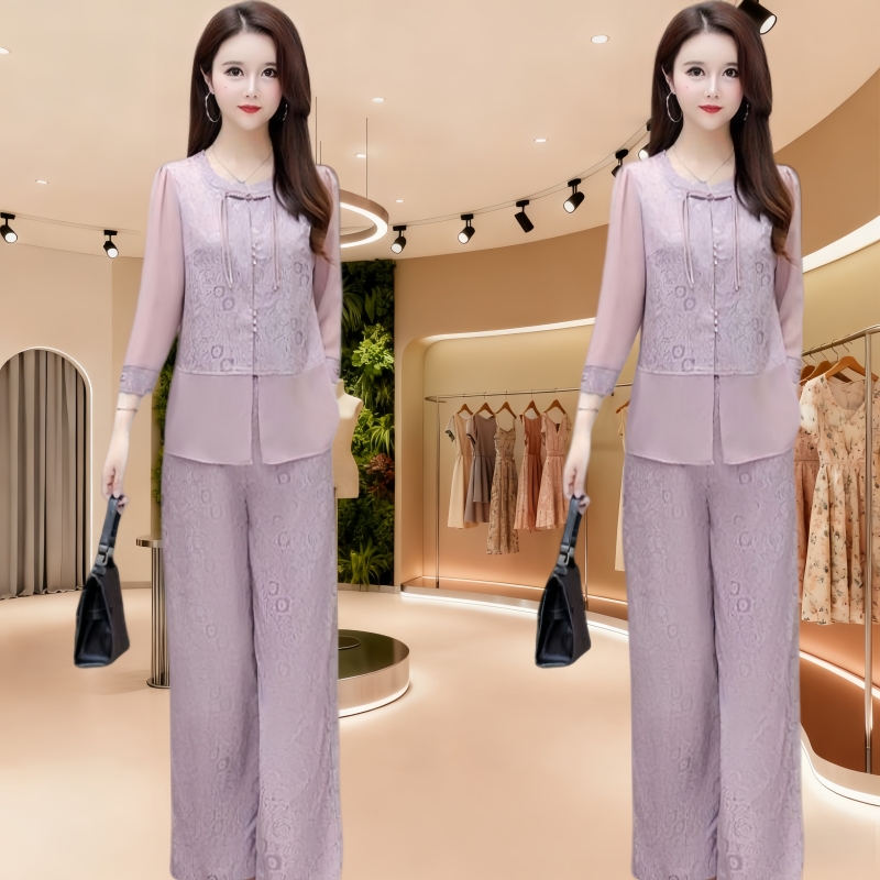 2026新款端庄大气新中式国风套装女盘扣拼接上衣阔腿裤休闲两件套