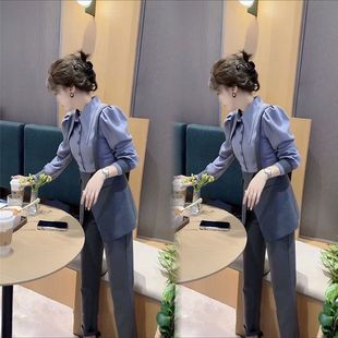 秋季新款通勤精致感时尚套装女韩版假两件背带衬衫休闲裤两件套潮