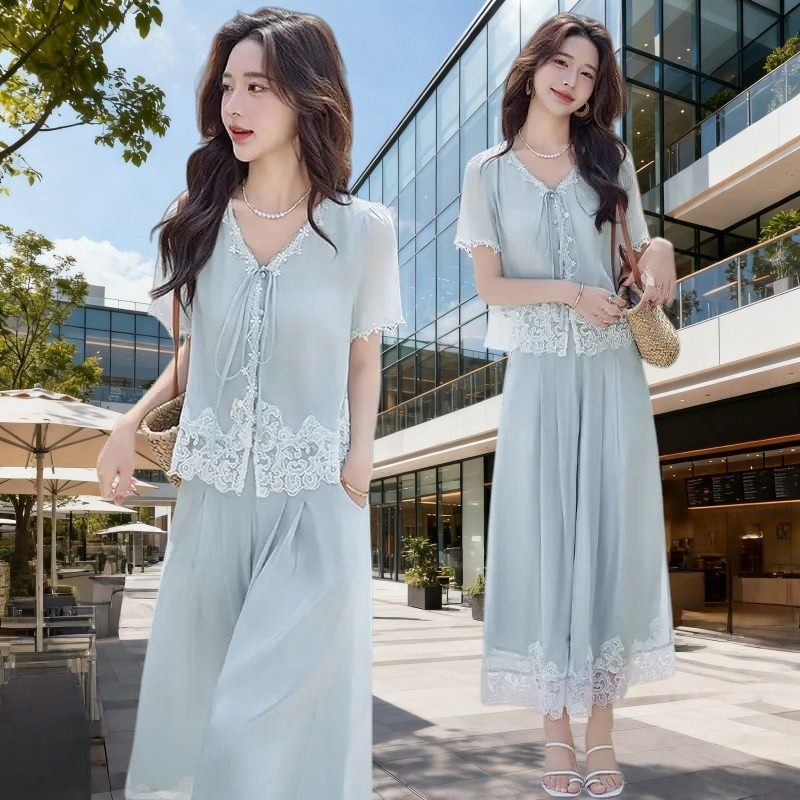 温柔甜美蕾丝拼接套装女2026夏季薄款系带V领衬衫阔腿裤裙两件套