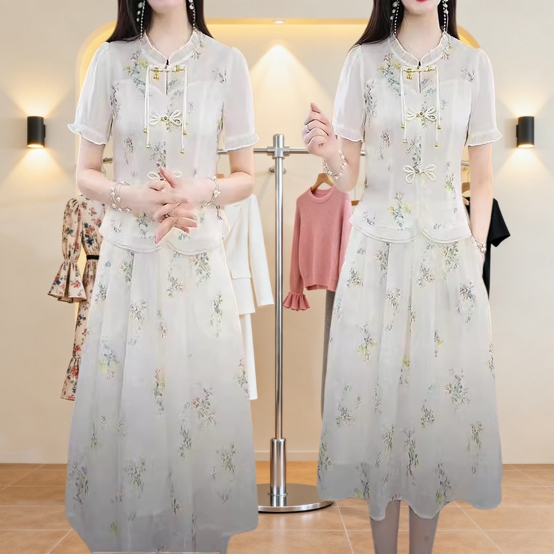 新中式国风高级气质夏季新款修身显瘦遮肉薄款时尚套装a字裙子潮