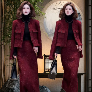 2025冬季 高级感减龄漂亮洋气小香风安可拉红色外套半身裙职业套装