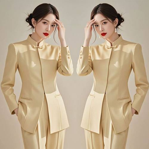 春秋穿搭一整套高级感新中式禅意风唐装盘扣西装上衣职业套装裤潮