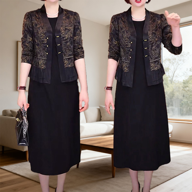 两件套女高级外套连衣裙春秋2025新款大码女装遮肉显瘦礼服裙