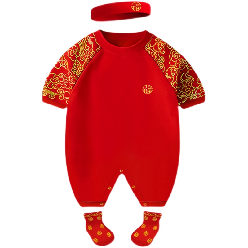 新生婴儿短袖连体衣宝宝满月周岁抓周礼服定制百日照红色包屁衣夏