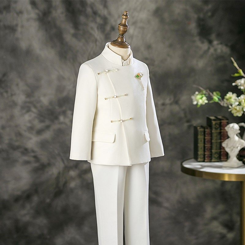 儿童西装套装男童2025新款走秀花童小礼服西服白色中式主持演出服