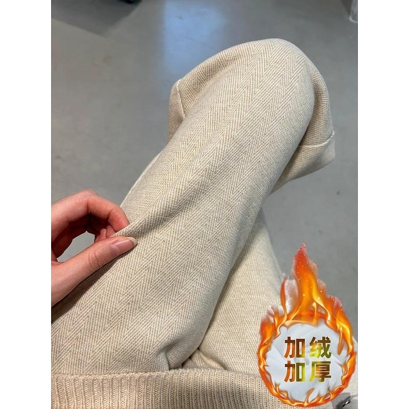 杏色羊毛呢阔腿裤女秋冬季高腰窄版加厚加绒人字纹小个子直筒裤子