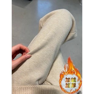 杏色羊毛呢阔腿裤女秋冬季高腰窄版加厚加绒人字纹小个子直筒裤子