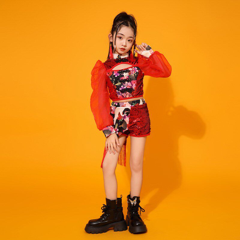 女童中国风舞蹈演出服少儿模特走秀爵士舞国潮表演服网红摄影套装