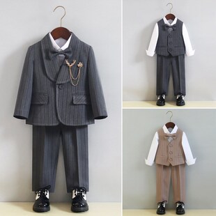 男童黑色条纹小西装儿童礼服马甲三件套2024新款英伦花童西服套装