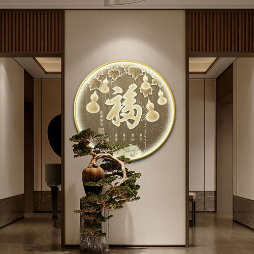 新中式圆形装饰画入户走廊五福临门玄关画寓意好壁画带灯葫芦挂画