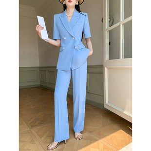 蓝色夏天西装套装女薄款短袖高级感时尚阔腿裤职业装休闲西服外套
