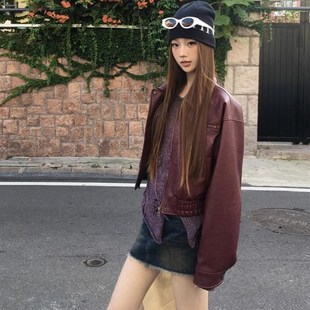 曼尼时差 红色复古皮衣机车夹克春秋女美式翻领短外套