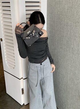 Mas Mash 佛罗伦萨黄昏 拼接蕾丝斜肩长袖露肩打底衫女春显瘦上衣