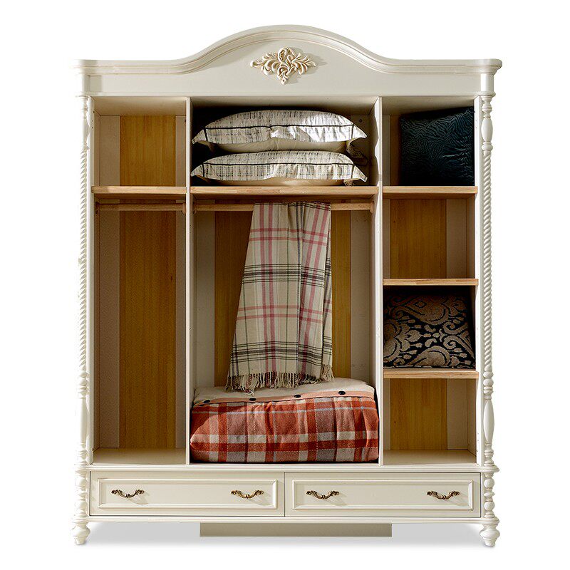 美式白色衣柜 三四门平开门卧室组合大衣橱 带抽屉实木衣柜