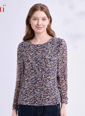 Gitti/吉蒂秋款花边拼接灯笼袖上衣女宽松大码圆领T恤G245014