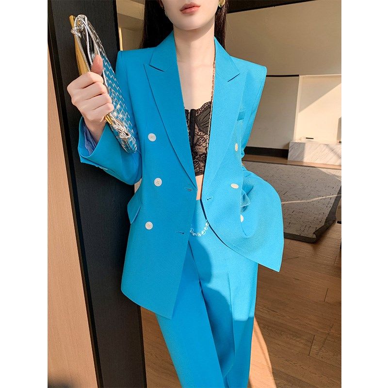 蓝色西装外套女2025春秋新款小个子阔腿裤气质名媛高级感西服套装