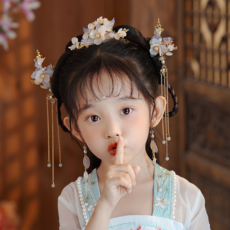 汉服头饰女儿童古风发饰小女孩蝴蝶发簪流苏步摇全套女童发冠古装图片