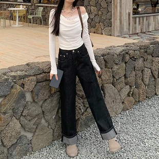 艾恩晟黑色窄版宽松阔腿牛仔裤女秋时尚洋气时髦卷边休闲裤显瘦直