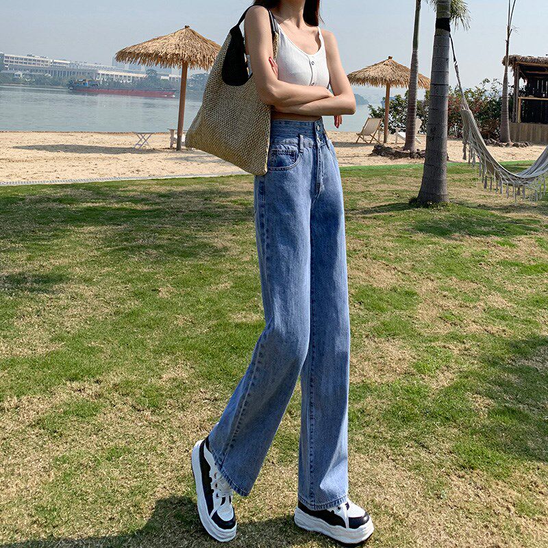 阔腿牛仔裤女高腰春秋宽松显痩2024年新款垂感浅蓝小个子直筒裤